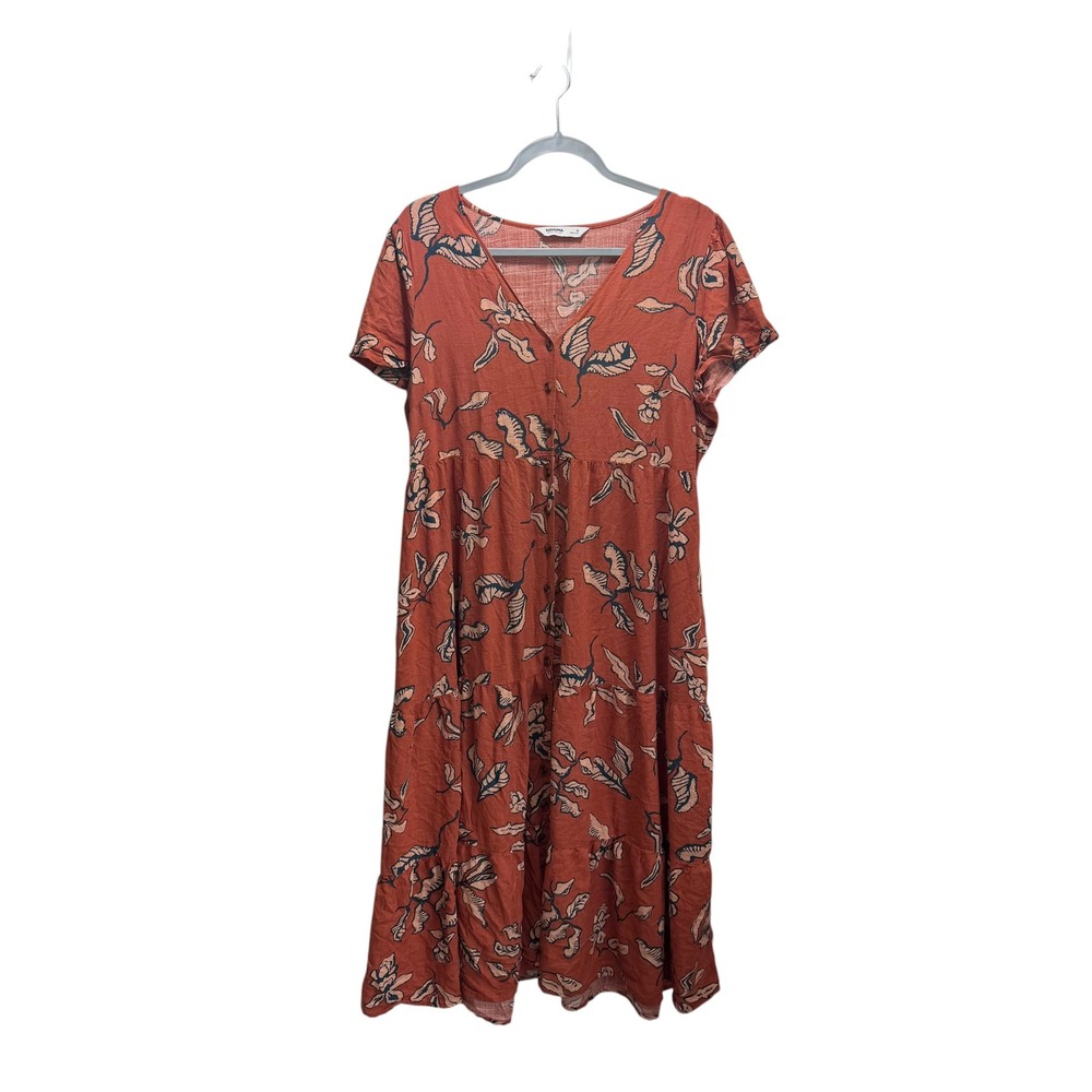 Button Up Boho Fest  Rust Orange Floral Leaf Print V-Neck Tiered Midi Dress M